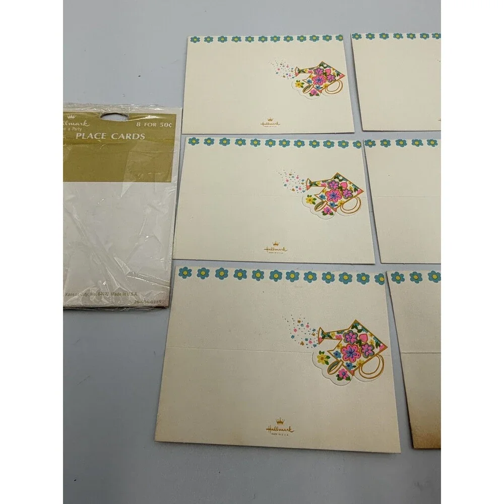 Vintage Hallmark Shower Place Cards Watering Can Floral Design 8 Count
